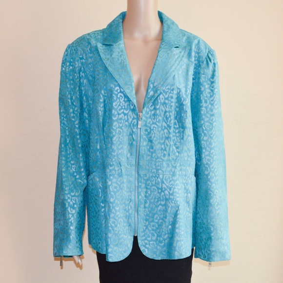 PAMELA MCCOY Blue & Silver Genuine Suede Cheetah Animal Print Zip Jacket NWT